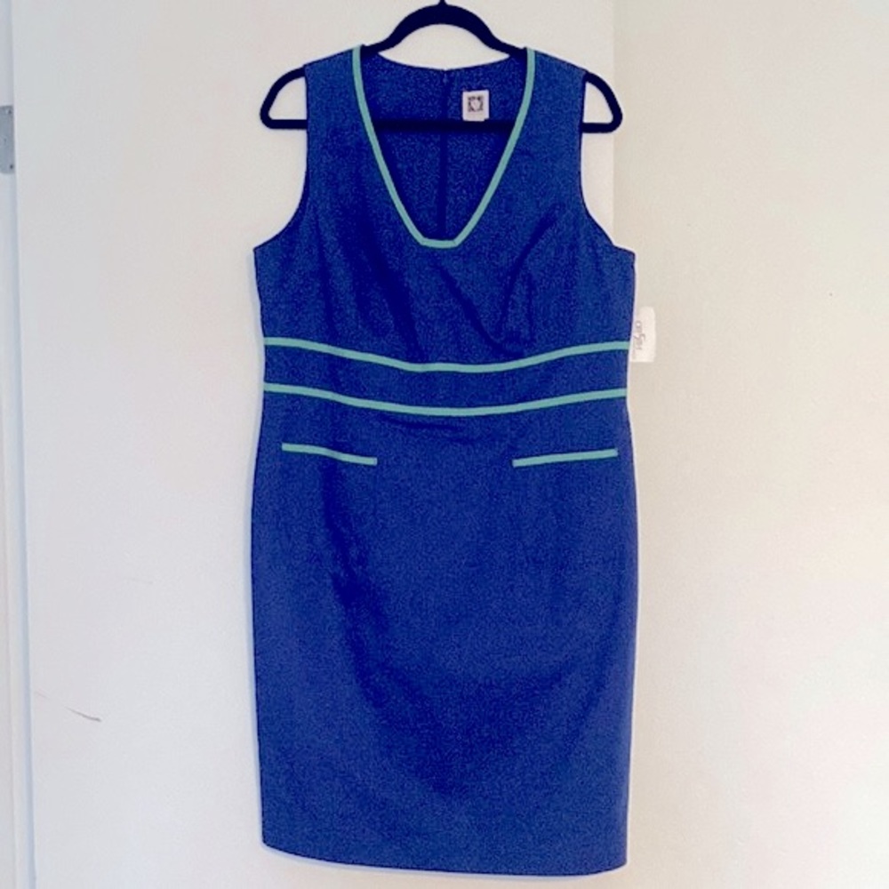 Anne Klein Sheath Tank Dress. Blue with green ribbon detail. Size 16. NWT